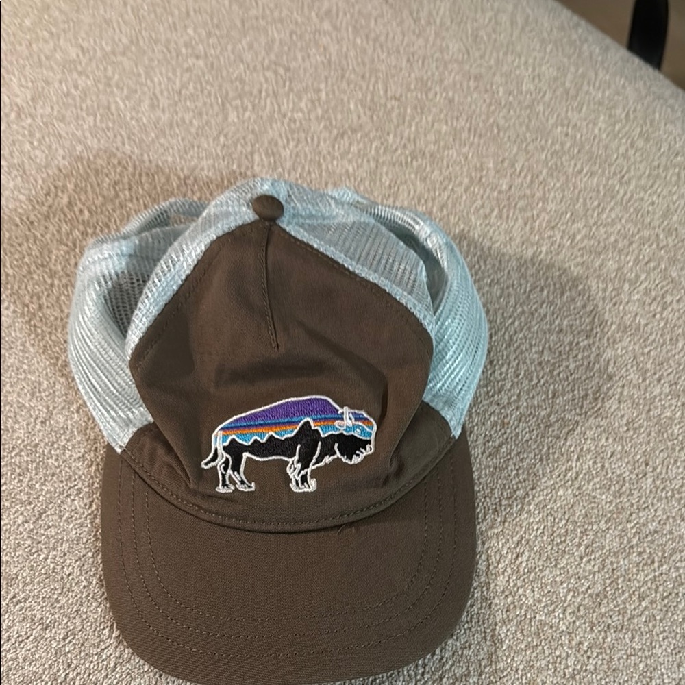 Patagonia Brown and Gray Trucker Hat with Buffalo Patch